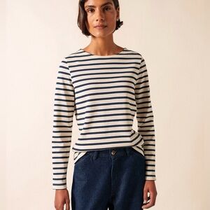 Saint James Classic Navy and Cream Striped Long Sleeve, Size XS